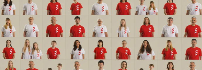 Grafika na której jest kilkadziesiąt osób w koszulach kampanijnych tworzących mozaikę.