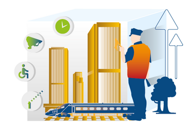 Grafika rysunkowa. Mężczyzna w kamizelce stojący przodem do 3 wieżowców i przejeżdżającego pociągu. Z lewej strony ikony zegara, kamery, dostępności oraz rogatki. 